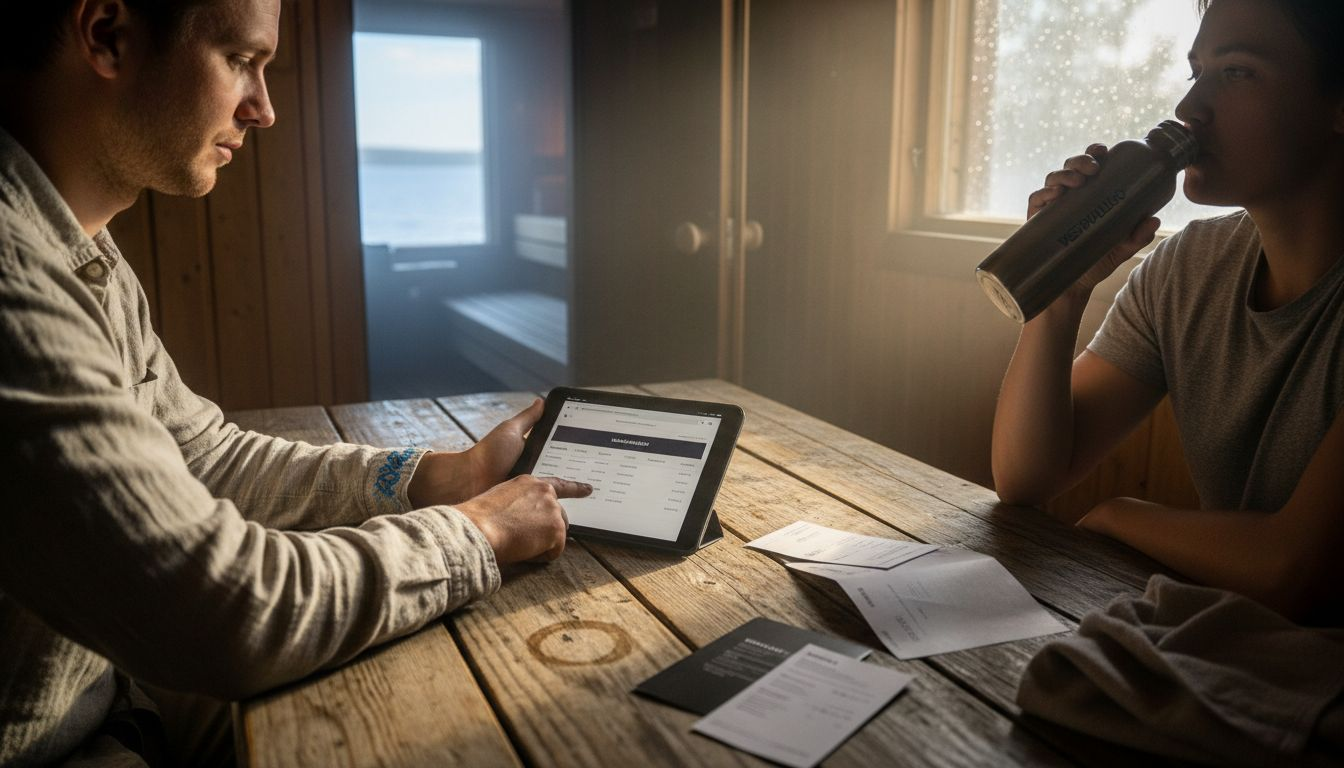Vieraat tutustuvat yhdessä saunan varausvaihtoehtoihin ja hintatietoihin pöydän ääressä.