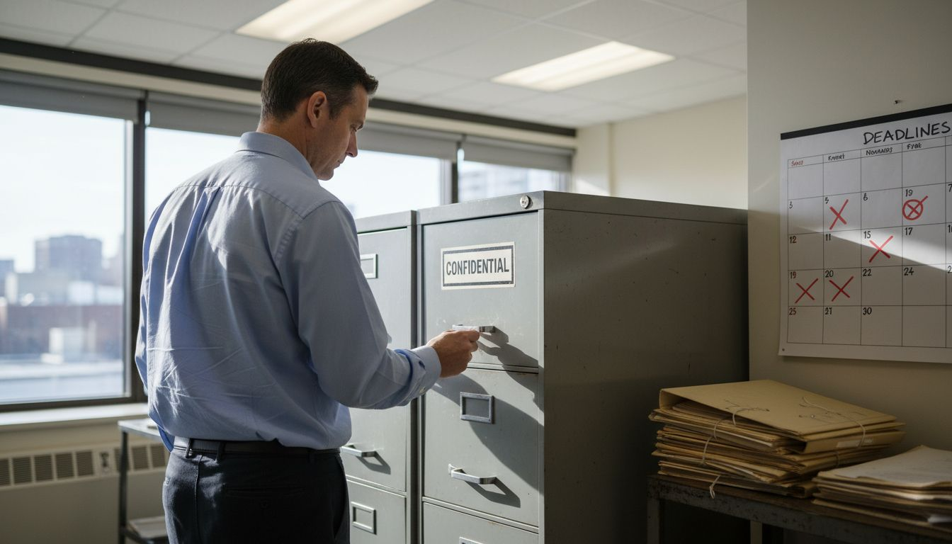 Manager securing files in confidential filing cabinet