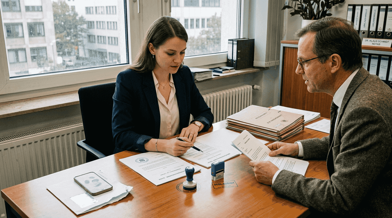 Eine Unternehmerin lässt wichtige Dokumente beim Notar durchsehen.