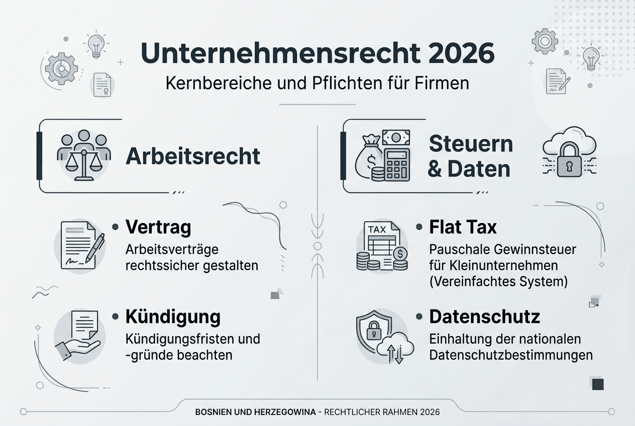 Infografik Unternehmensrecht 2026: Aktuelle Entwicklungen in Arbeitsrecht, Steuerrecht und Datenschutz