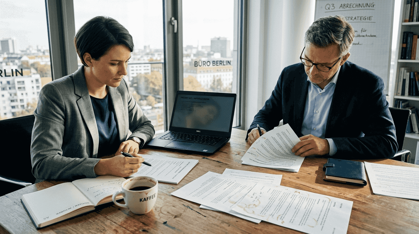Geschäftsleute besprechen einen Vertrag und wälzen dabei zahlreiche Unterlagen.