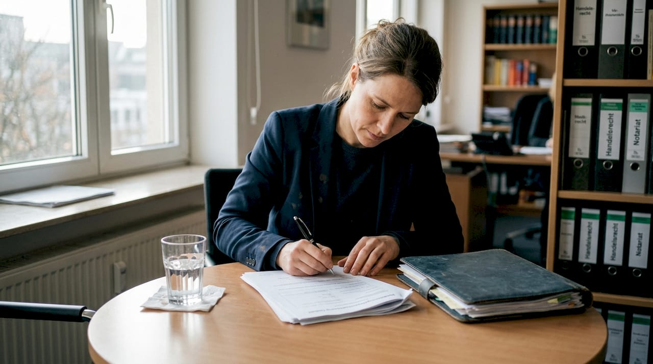 Eine Unternehmerin unterschreibt die Gründungsunterlagen für ihr Start-up im Büro.