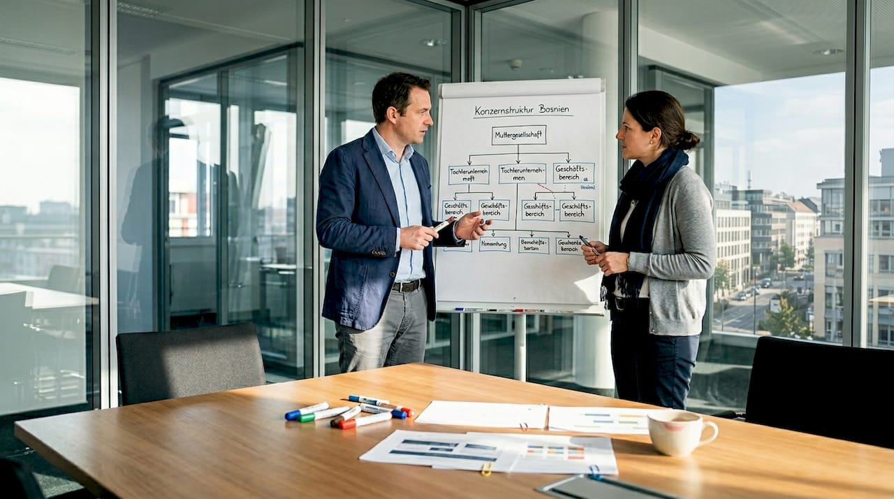 Juristen beraten gemeinsam am Whiteboard über die Unternehmensstruktur.