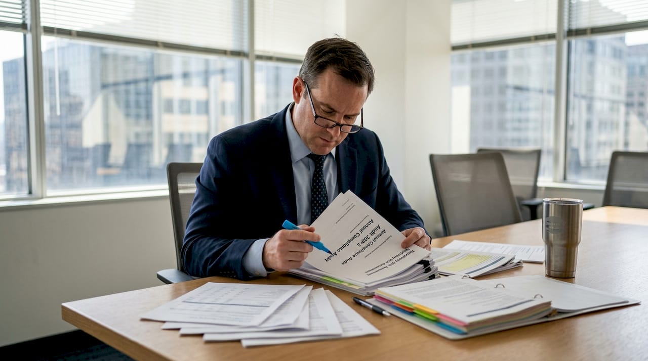 Executive reviewing compliance and financial documents
