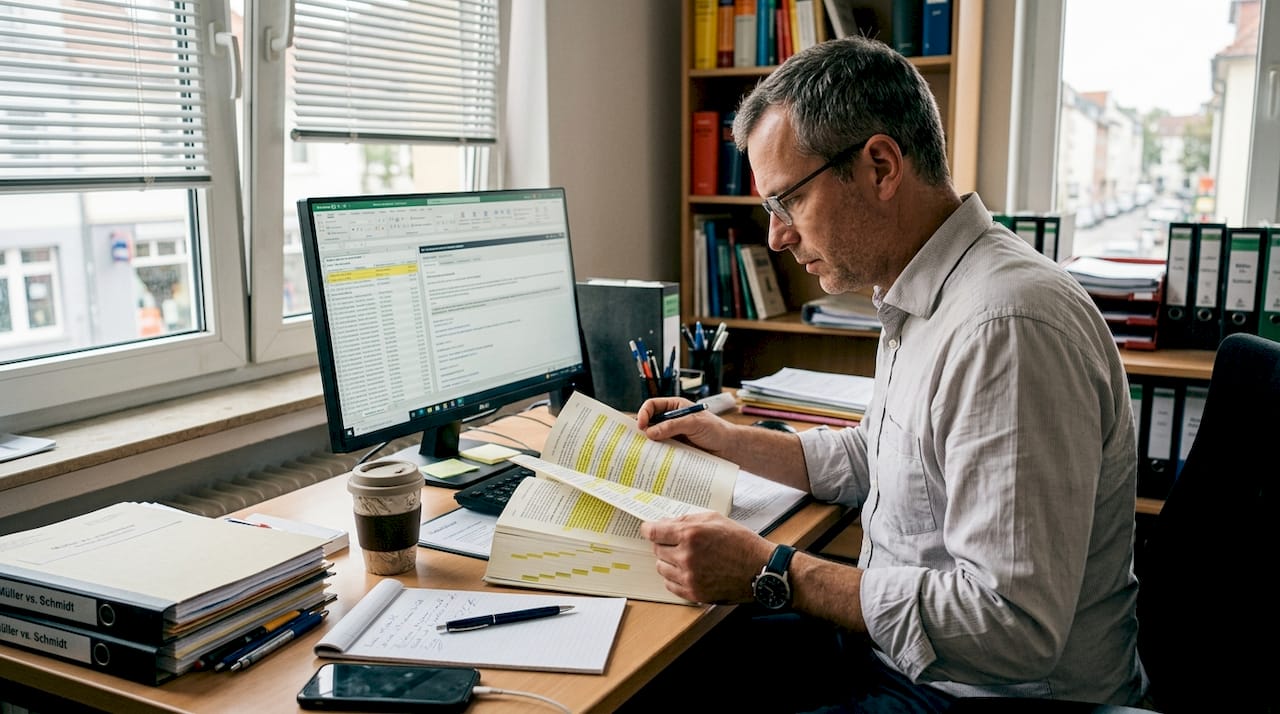 Ein Anwalt sitzt am Schreibtisch und prüft die bosnischen Gesetzestexte.
