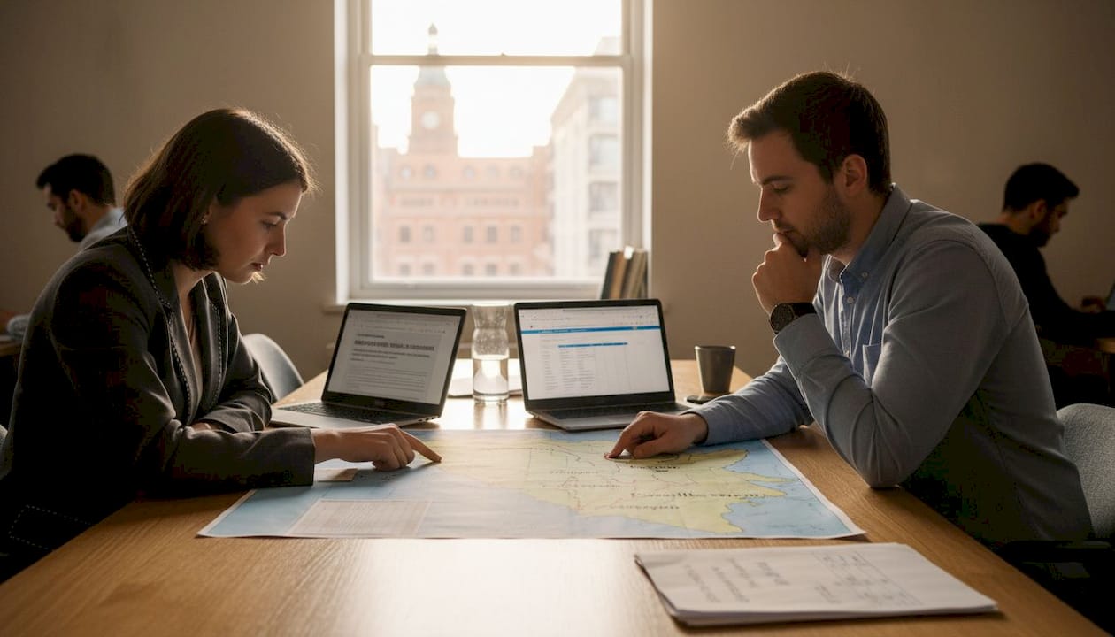 Berater verschaffen sich gemeinsam einen Überblick über die Gebietskarte Bosniens.