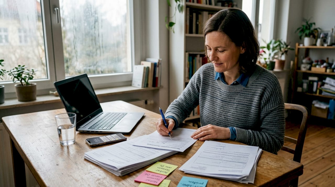 Eine Frau unterschreibt wichtige Geschäftsunterlagen an ihrem Küchentisch.