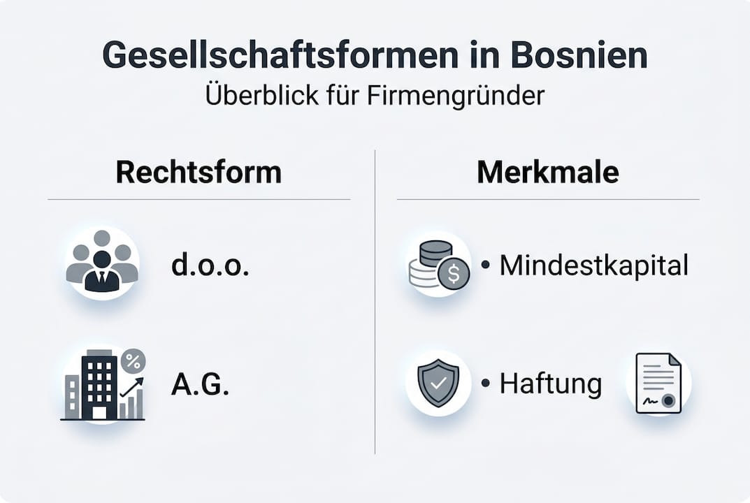 Übersicht der Unternehmensformen und deren Besonderheiten in Bosnien – eine Infografik