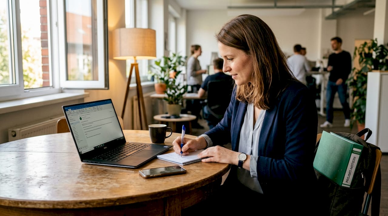 Eine Managerin hält am Schreibtisch wichtige Beschlüsse schriftlich fest.