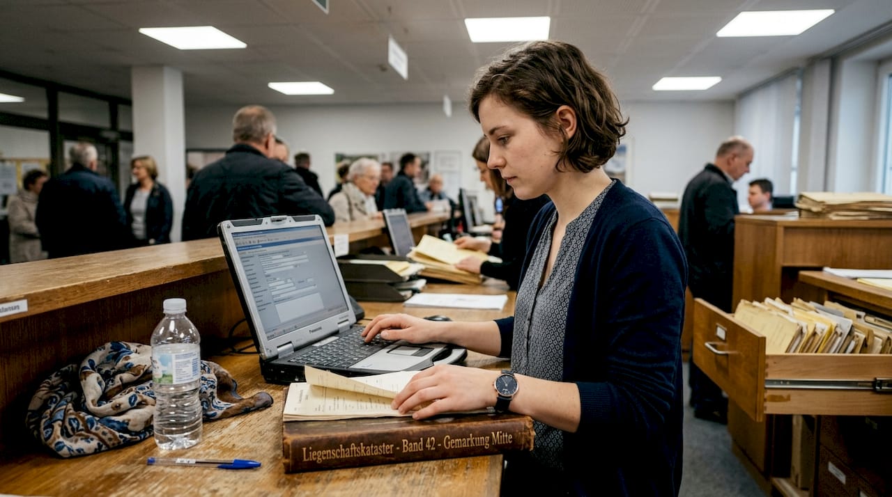 Eine juristische Fachkraft prüft im Büro die Grundbuchunterlagen.