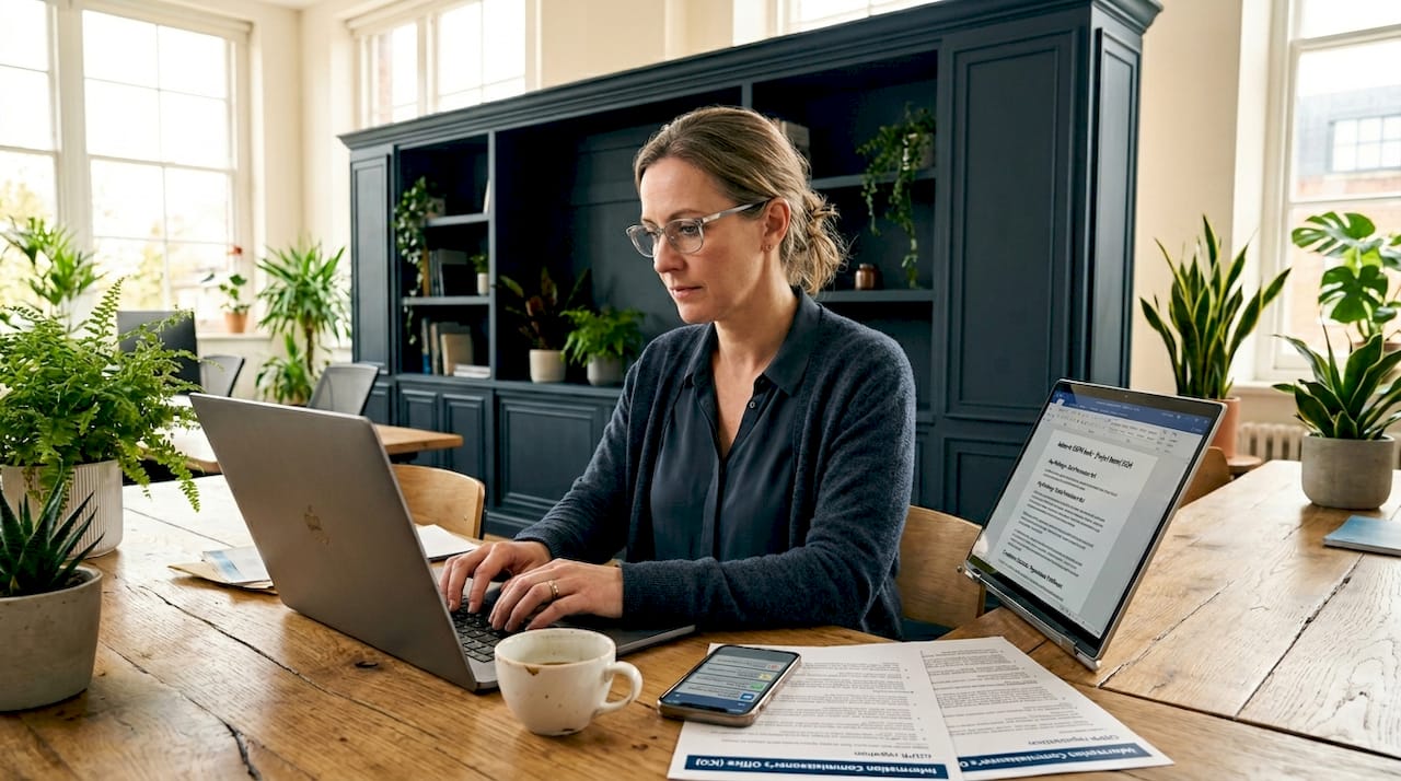 Compliance analyst working at legal office table