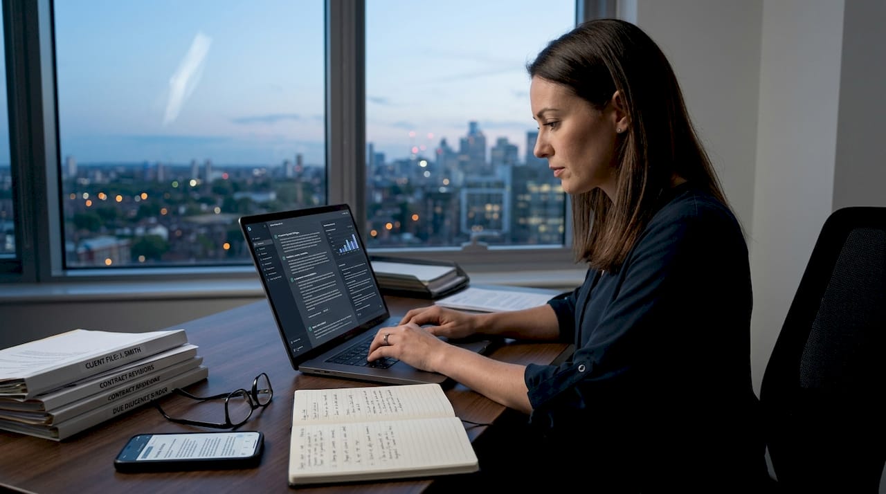 Legal advisor working on laptop with AI tools