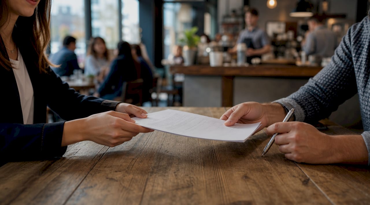 Close-up of hands exchanging signed IP contract