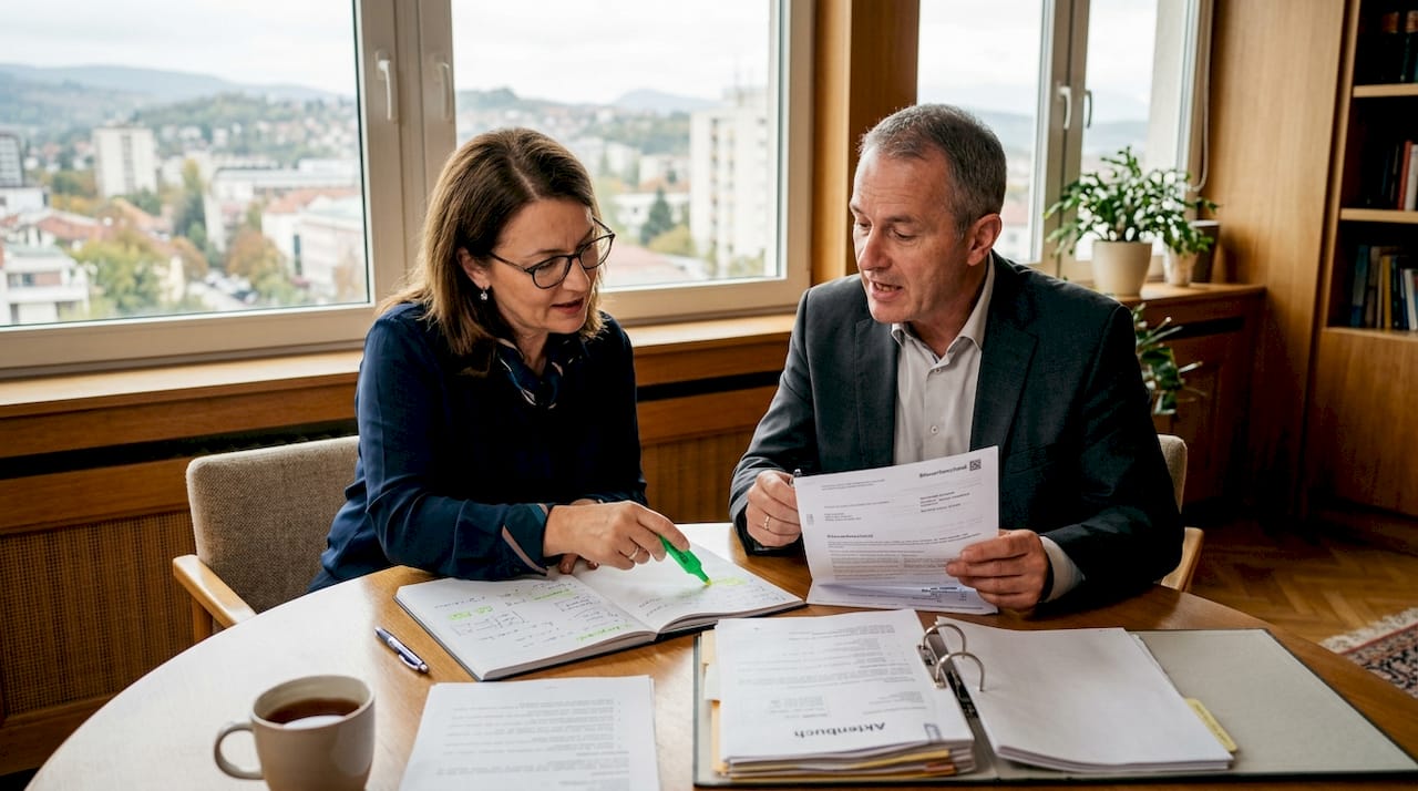 Im Besprechungsraum gehen zwei Kollegen gemeinsam ihre Steuerunterlagen durch und tauschen sich darüber aus.
