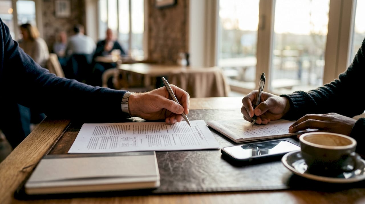 Hands reviewing international trade legal documents