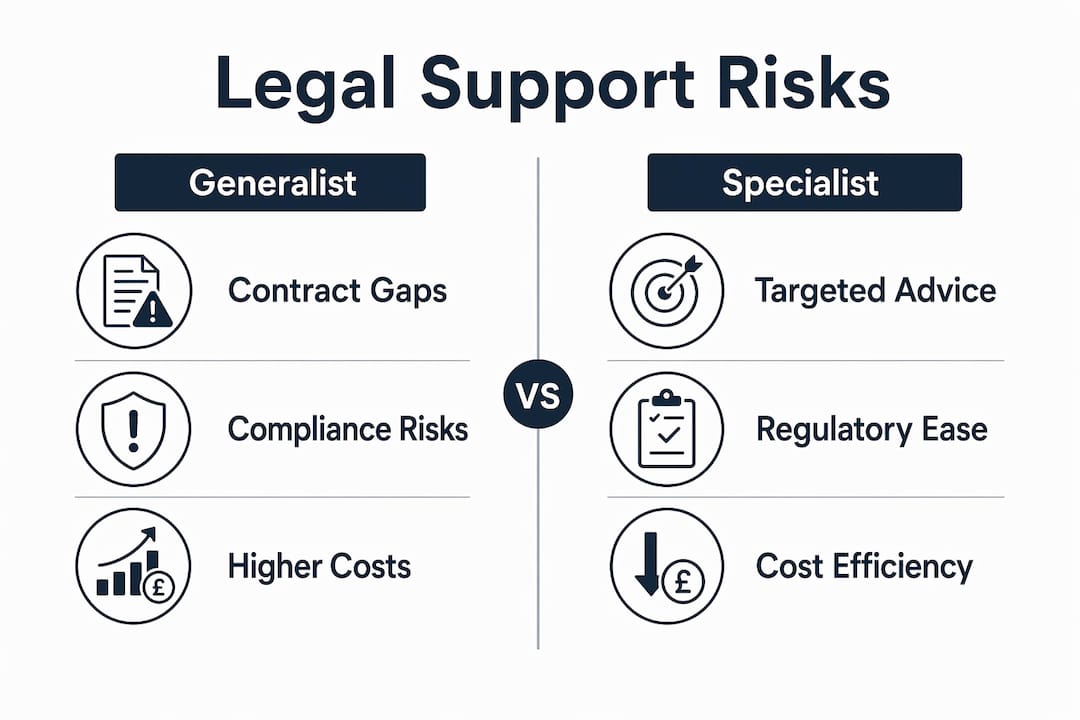 Infographic comparing generalist vs specialist legal support risks