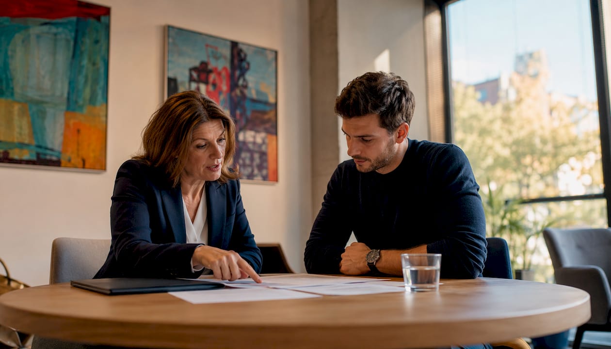 Ein Gründer eines Start-ups lässt sich in einem persönlichen Gespräch von einem Rechtsberater unterstützen.