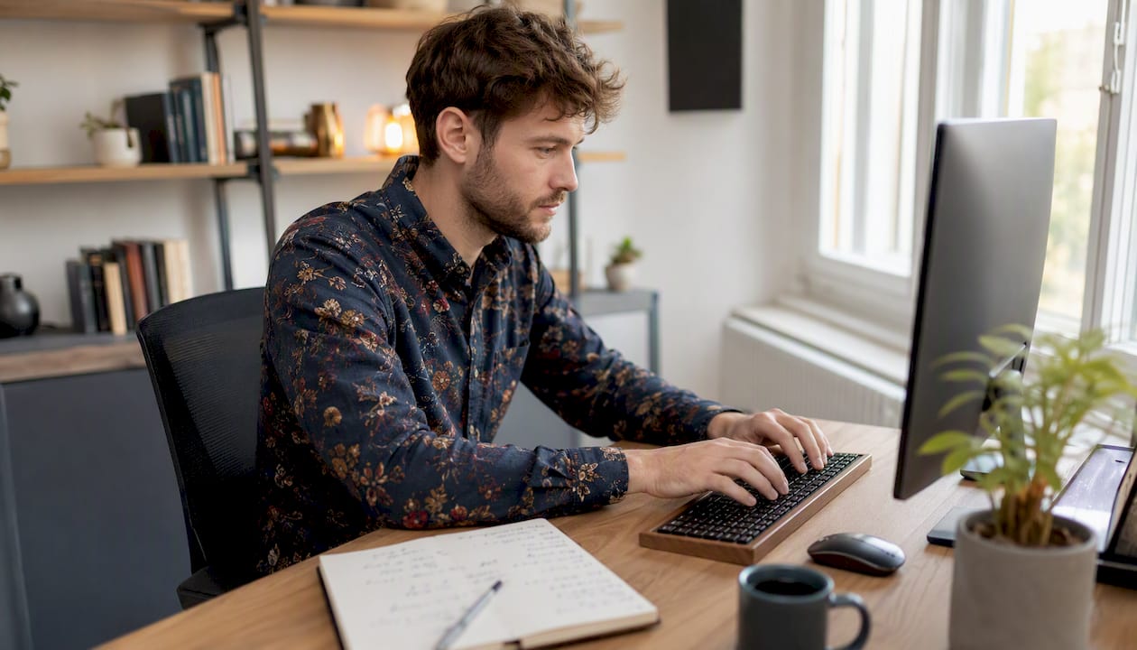Ein IT-Experte arbeitet am Computer an einer CLM-Software.