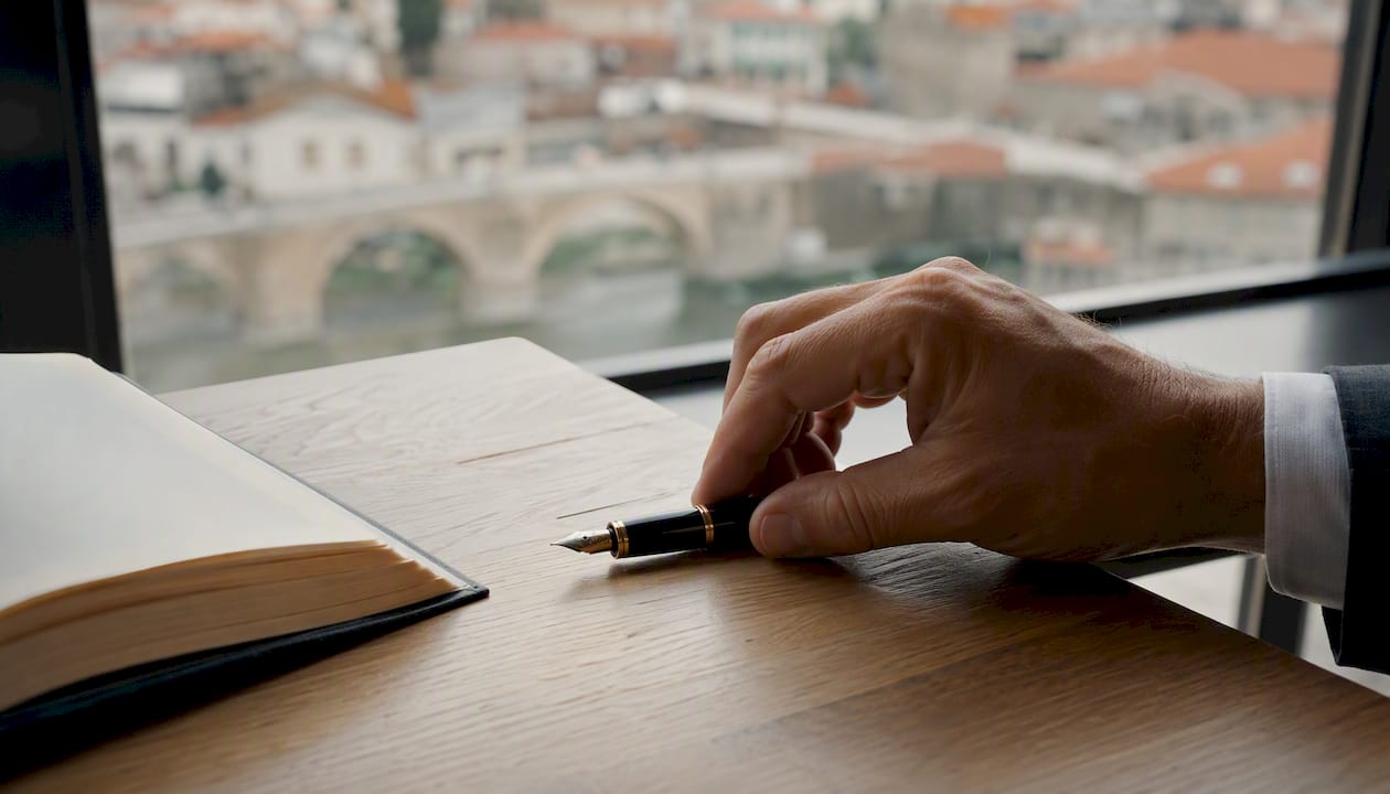 Eine Hand hält einen Stift und liegt neben einem Gesetzbuch.