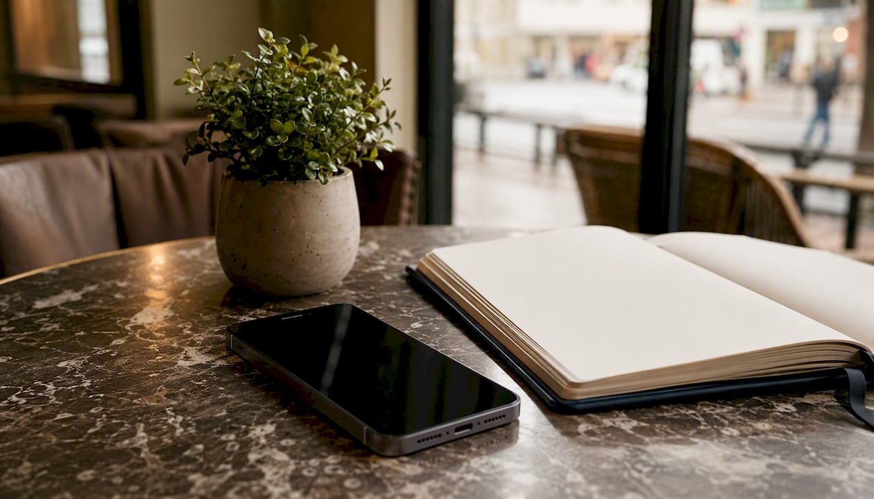 Auf dem Tisch liegen ein Smartphone, ein leeres Notizbuch und eine Zimmerpflanze.