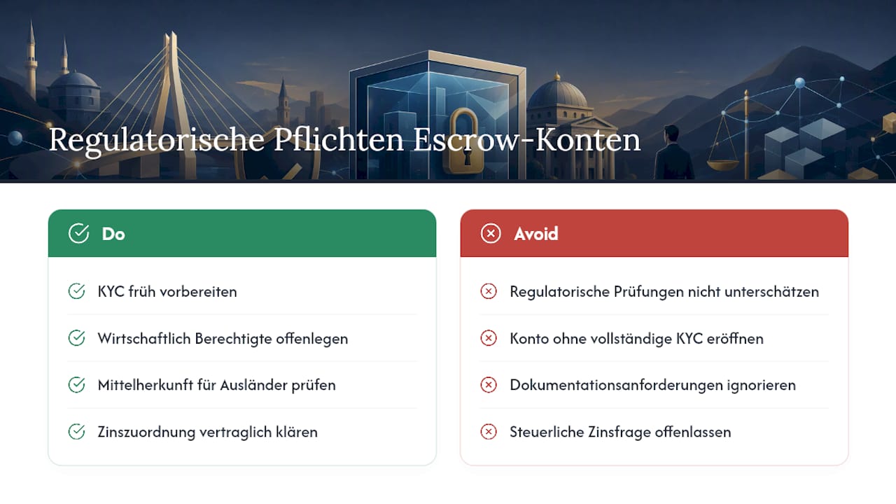 Rechtlicher Rahmen für Escrow-Konten und regulatorische Pflichten — overview diagram