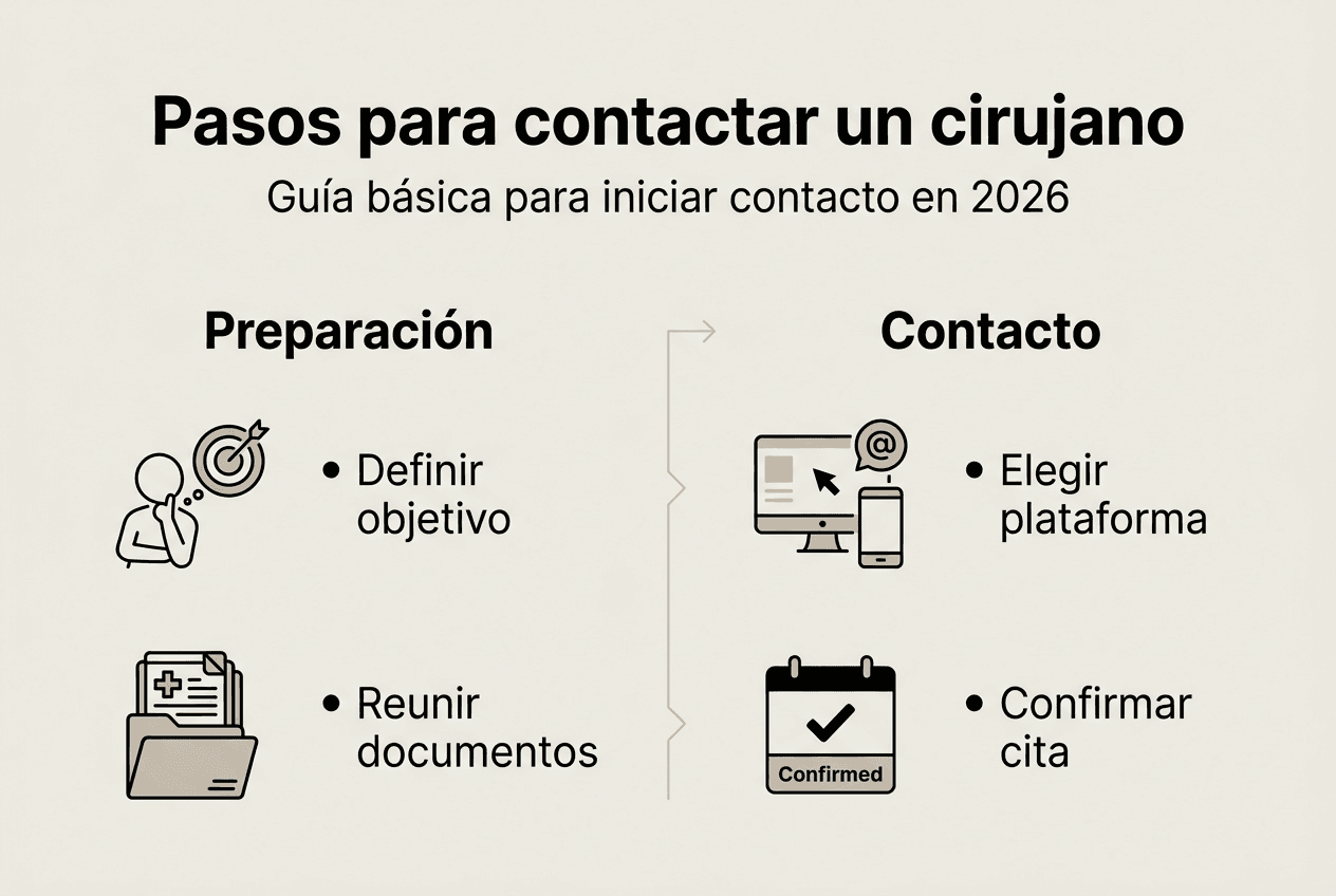 Guía visual con los pasos esenciales para ponerte en contacto con un cirujano