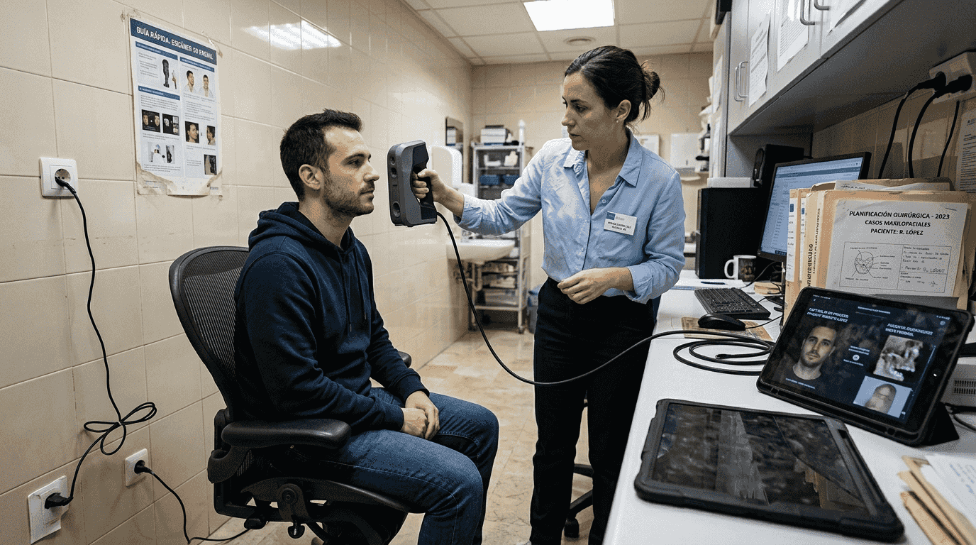 Especialista realiza el escaneo 3D de un paciente como parte de la planificación del tratamiento.