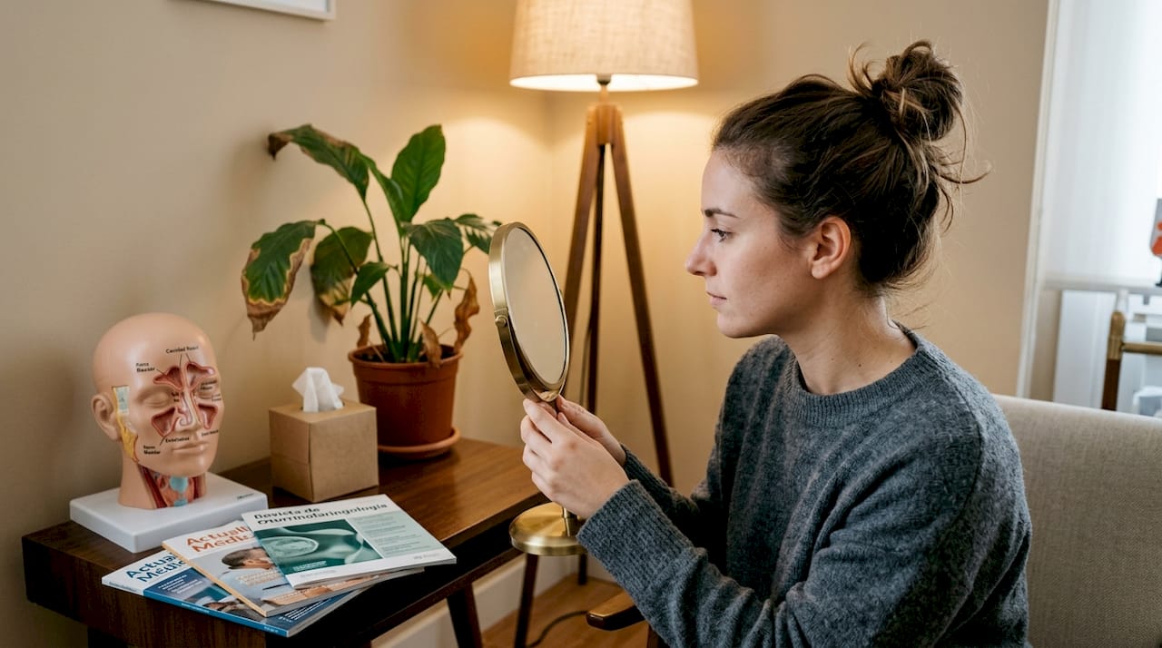 Un paciente observa su nariz durante una consulta de estética facial.