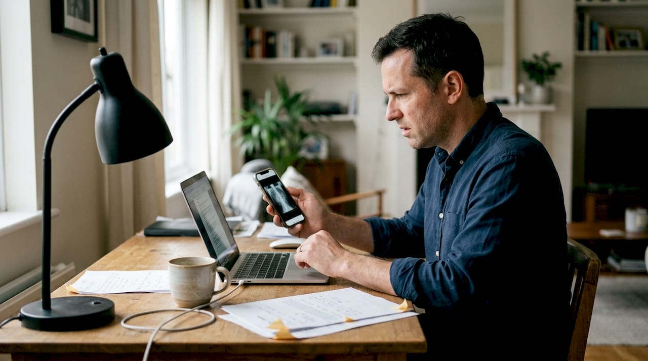 Hombre preparando una fotografía para su consulta médica en línea