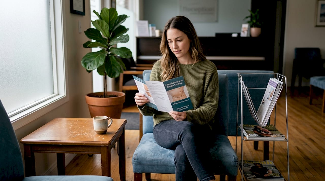 Un paciente hojea un folleto informativo mientras espera su turno en la sala de espera de la clínica.