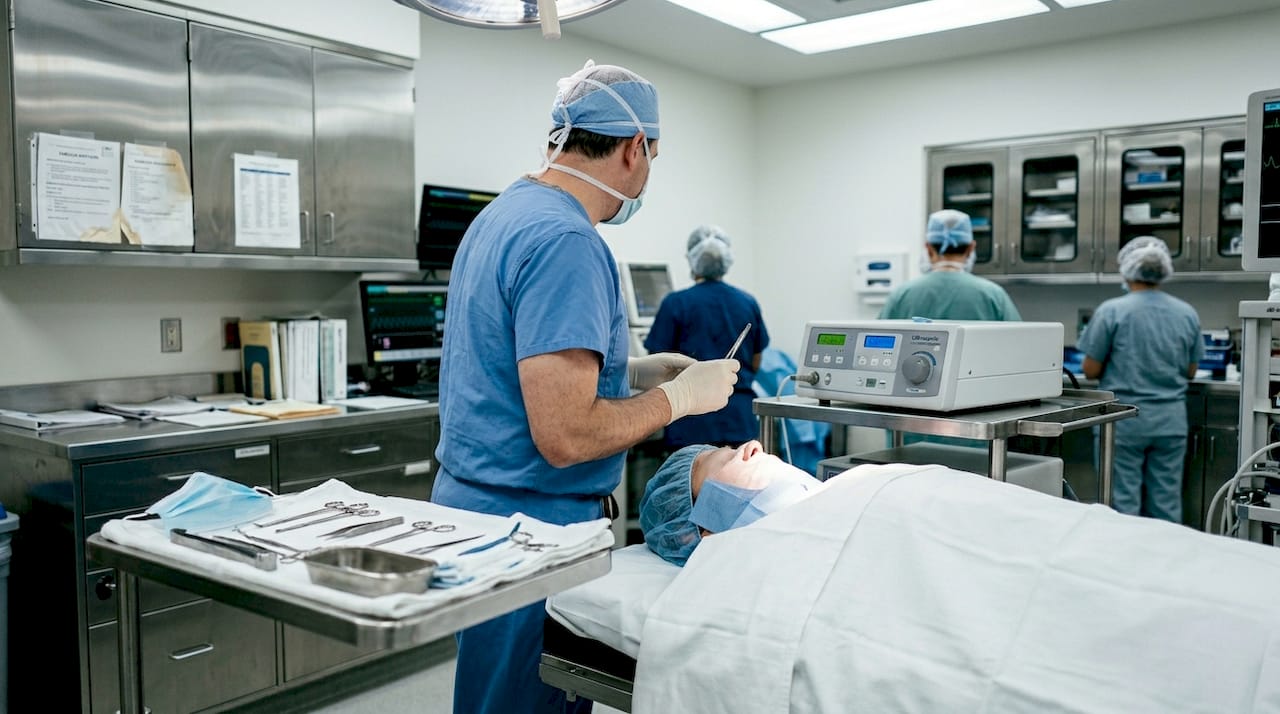 El especialista se dispone a realizar una rinoplastia ultrasónica