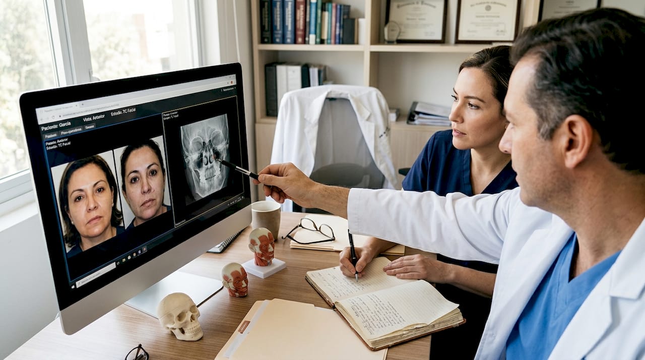 Equipo de cirujanos preparando una intervención con ayuda de modelos y radiografías
