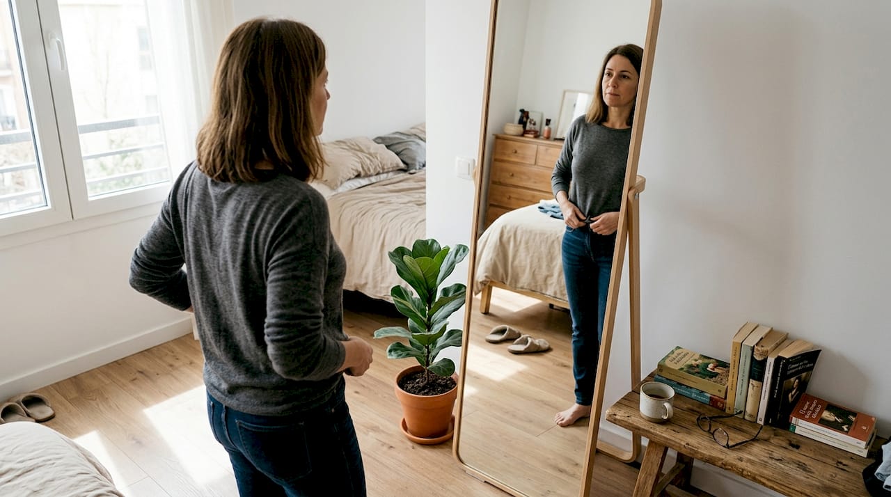 Una mujer se mira al espejo reflexionando sobre su propia autoestima.
