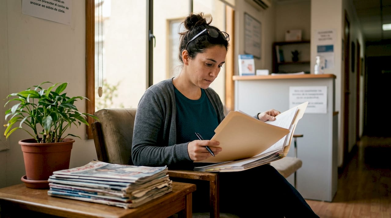 La encargada administrativa revisa el expediente de seguridad quirúrgica.