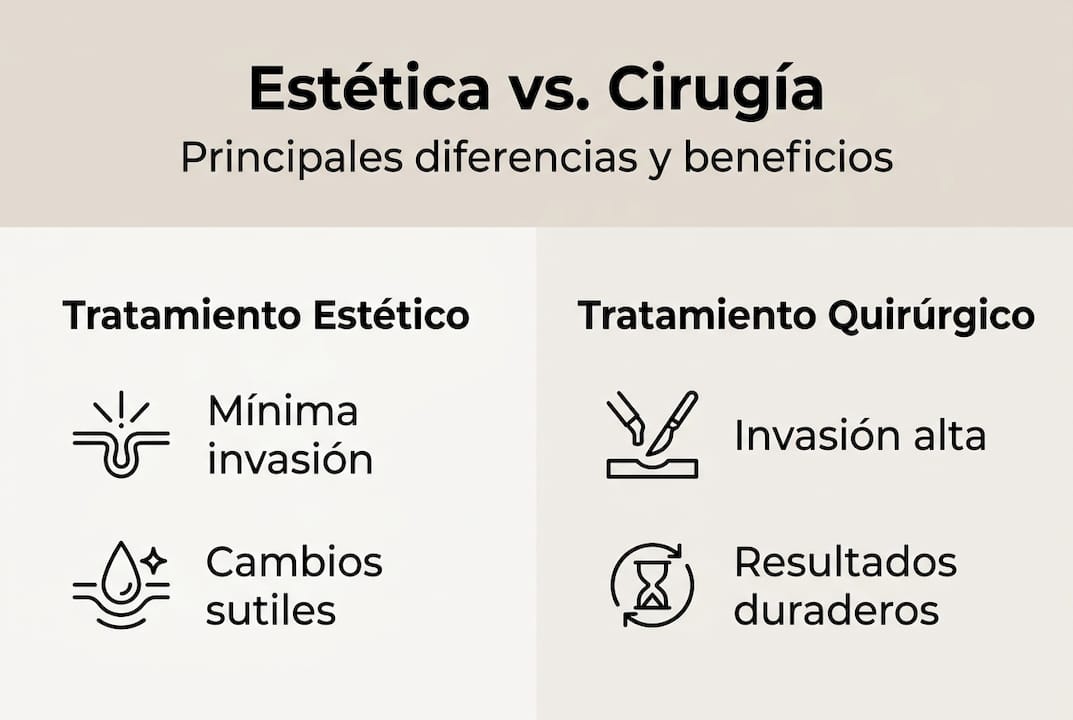 Infografía que compara tratamientos estéticos y procedimientos quirúrgicos