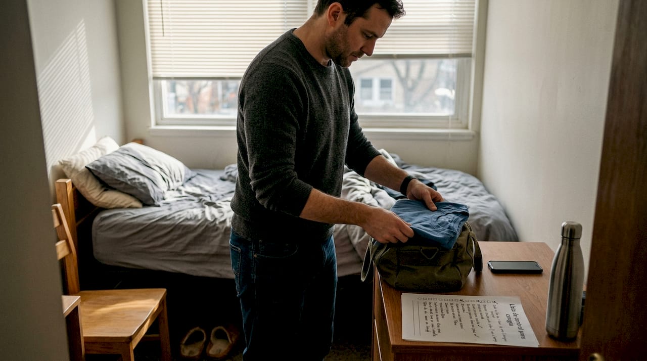 Hombre preparando una maleta con ropa cómoda para su hospitalización antes de una cirugía.