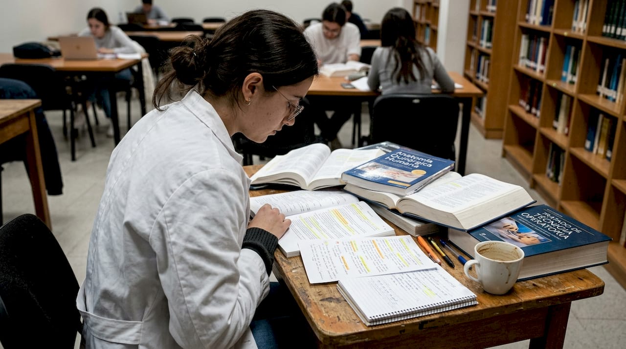 Cirujana estudia libros en escritorio pequeño