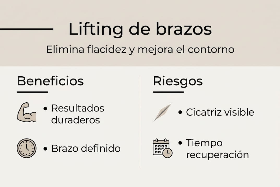 Descubre en esta infografía todo lo que debes saber sobre las ventajas y posibles riesgos de la cirugía de lifting de brazos.