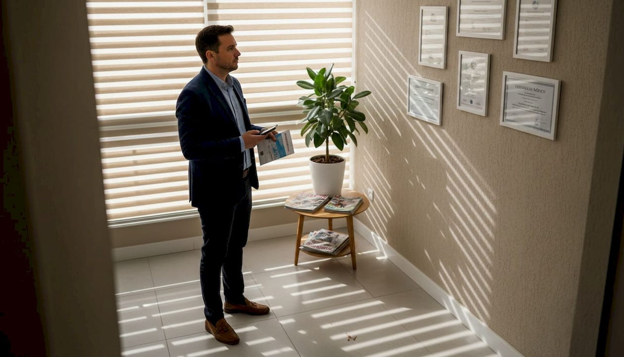 Un hombre revisa las credenciales de la clínica mientras espera en la sala de espera.