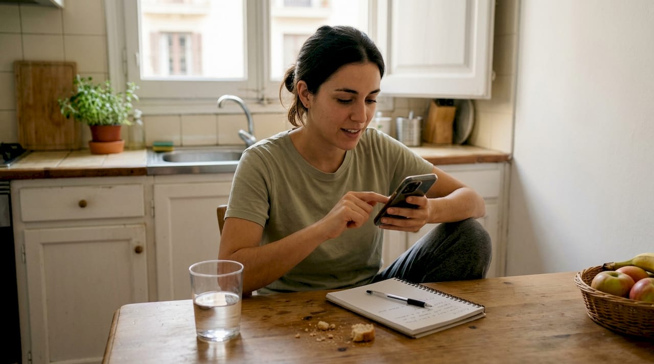 Una persona hace una llamada a una clínica estética mientras está en la cocina.