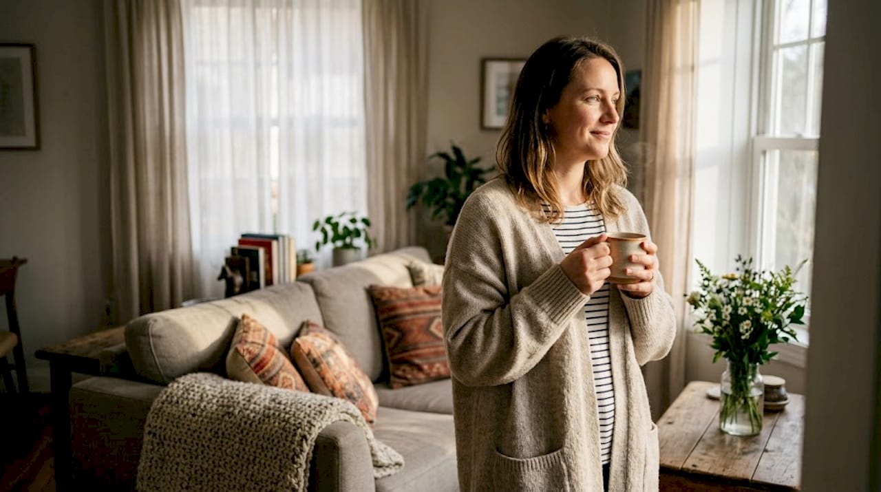 Mujer sonriente en su casa tras haberse recuperado