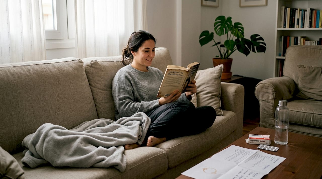 Mujer descansando en casa tras una operación de aumento de pecho