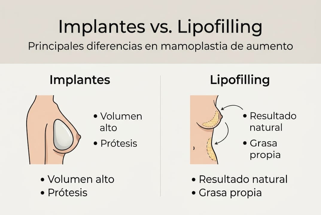Infografía: ¿En qué se diferencian los implantes mamarios y el lipofilling en la cirugía de aumento de pecho?