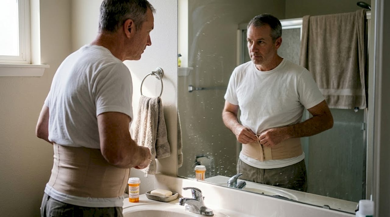 Hombre acomodándose la prenda de compresión en casa