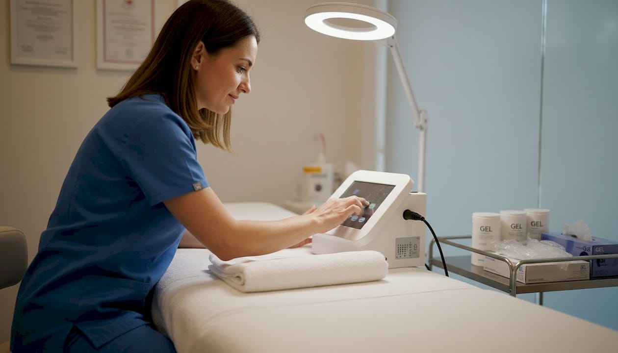 La esteticista está alistando el equipo para un tratamiento corporal.