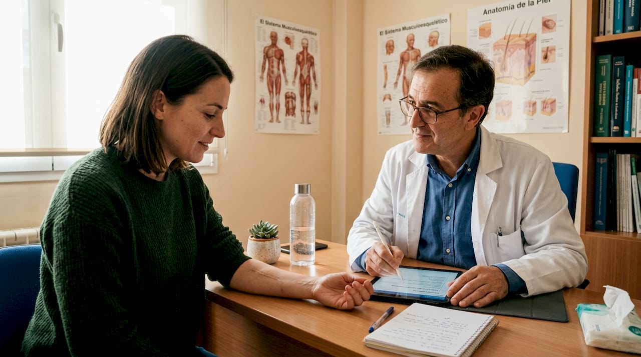 El paciente le muestra la cicatriz al médico para que le aconseje sobre cómo cuidarla.