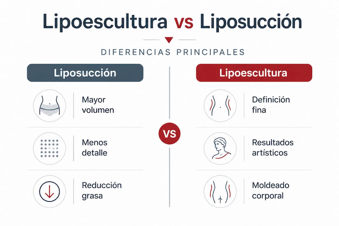 Infografía que explica las principales diferencias entre lipoescultura y liposucción