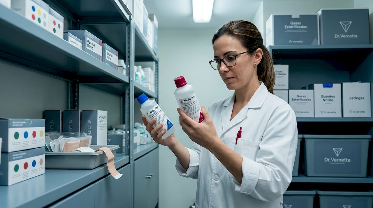 Un auxiliar médico revisa y compara diferentes frascos de antiséptico para elegir el más adecuado.