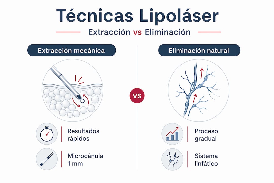 Infografía que muestra las diferencias entre el lipoláser, la extracción tradicional y los métodos naturales