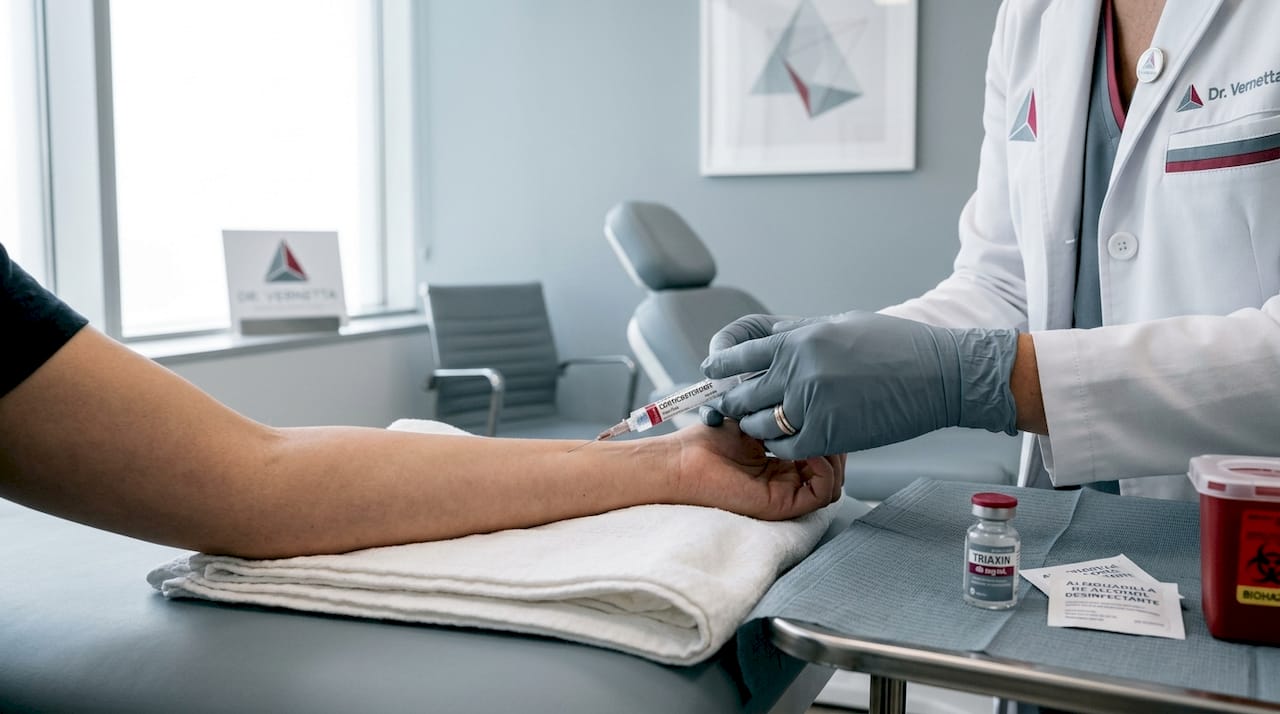 Médico aplicando una inyección de corticoides para tratar una cicatriz.